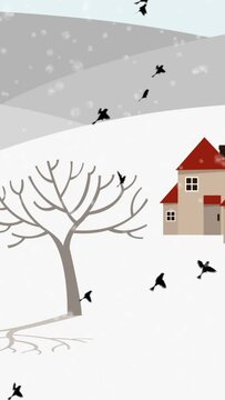 vertical video  -  2D Cartoon Animation Winter Landscape with house ,tree and birds