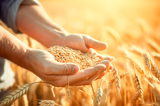Male farmer holding organic wheat seed on the field on the background of wheat field.

