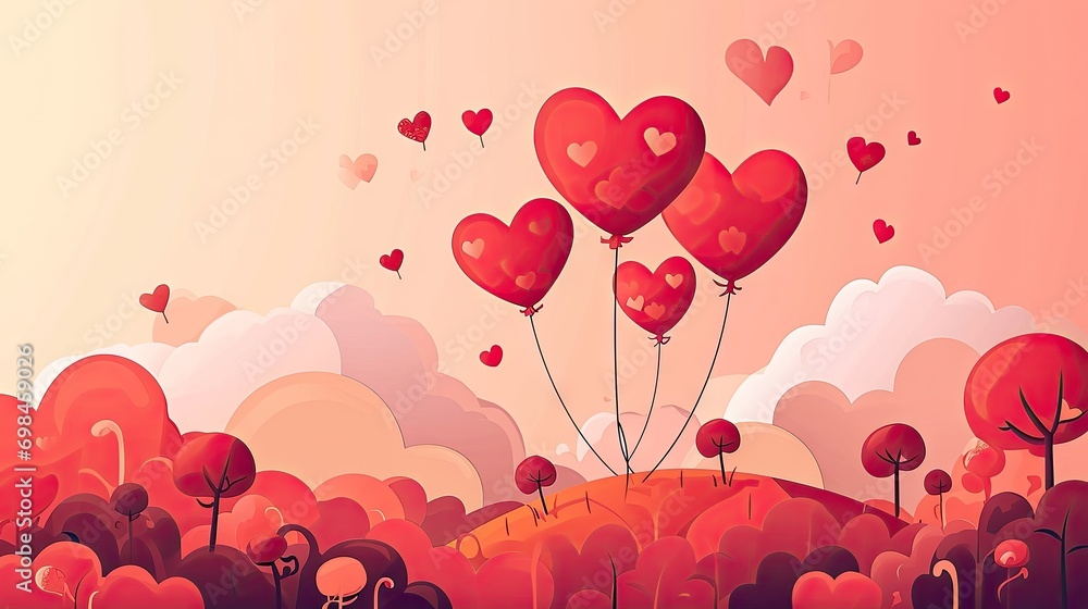 Aufkleber a bunch of red heart shaped balloons floating in the air over a field of trees and a hill with a hil