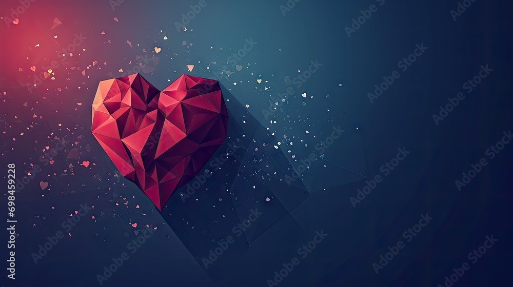 Poster a red heart shaped object sitting on top of a blue surface with a red light coming out of the middle