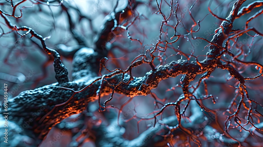 Poster a close up of a tree branch with red light coming from the branches and a blurry background of branc