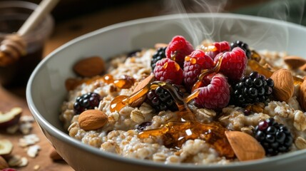  a bowl of oatmeal with berries, almonds, nuts and honey on top of a wooden table. - obrazy, fototapety, plakaty