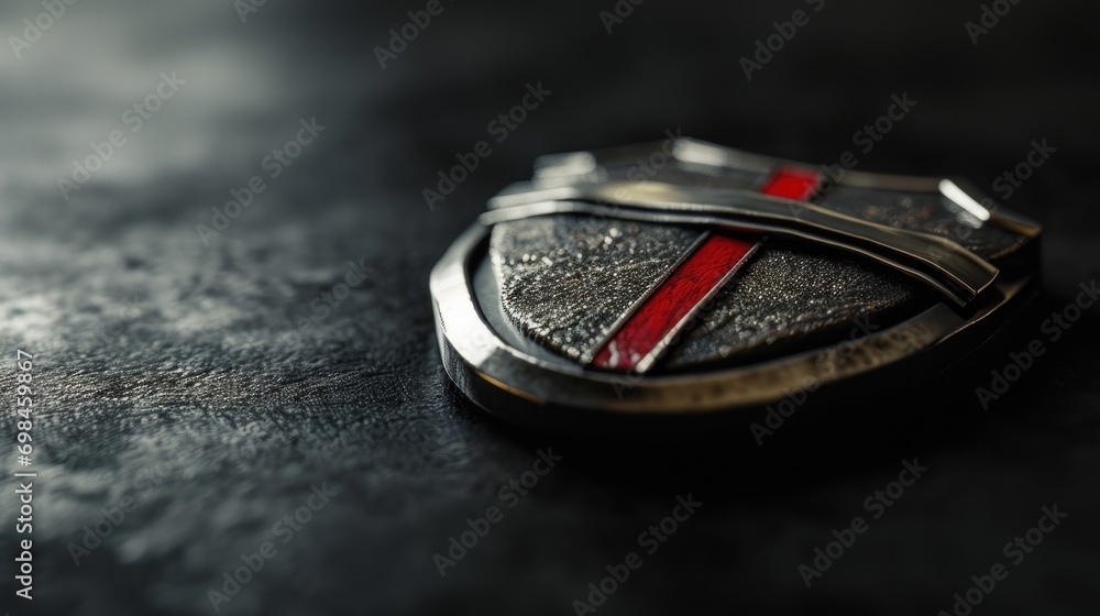Aufkleber a close up of a metal object with a red cross on the middle of it and a black surface in the backgro