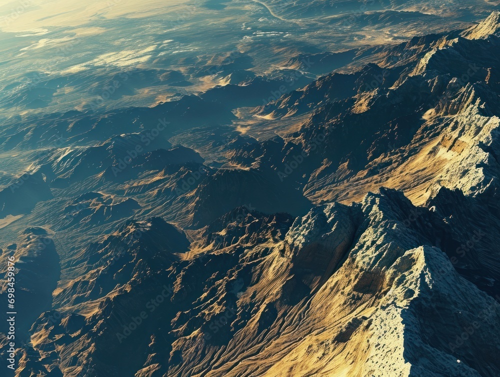 Poster an aerial view of a mountain range in the distance with a plane wing in the foreground and a plane w