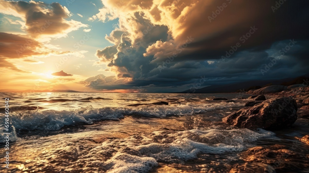 Poster the sun is setting over the ocean and the waves are crashing on the rocks and the rocks are in the f