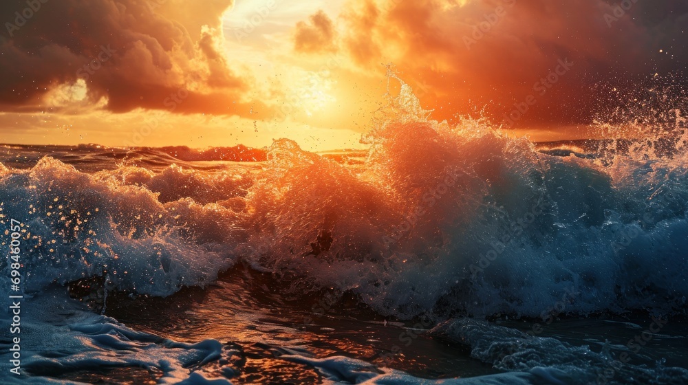 Aufkleber the sun is setting over the ocean with a large wave in the foreground and dark clouds in the backgro
