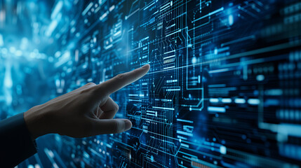 
Artificial intelligence and Automated machine learning language blue digital user interface with businessman hand background