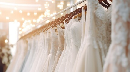 Elegantly designed luxury bridal dress on hangers. A variety of wedding dresses hanging in a boutique bridal salon. Blurred background in beige tones and sunlight.