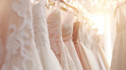 Gorgeous and sophisticated bridal dress elegantly displayed on hangers. Array of wedding dresses hanging in a boutique bridal shop salon. Blurred background in beige tones and sunlight. - obrazy, fototapety, plakaty