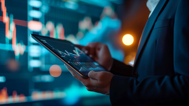 Businessman holding tablet and showing holographic graphs and stock market statistics gain profits. Concept of growth planning and business strategy