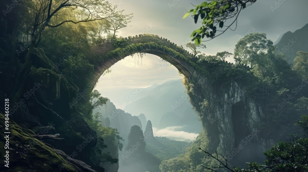 Poster a bridge in the middle of a jungle with mountains in the background and fog in the air and fog in th