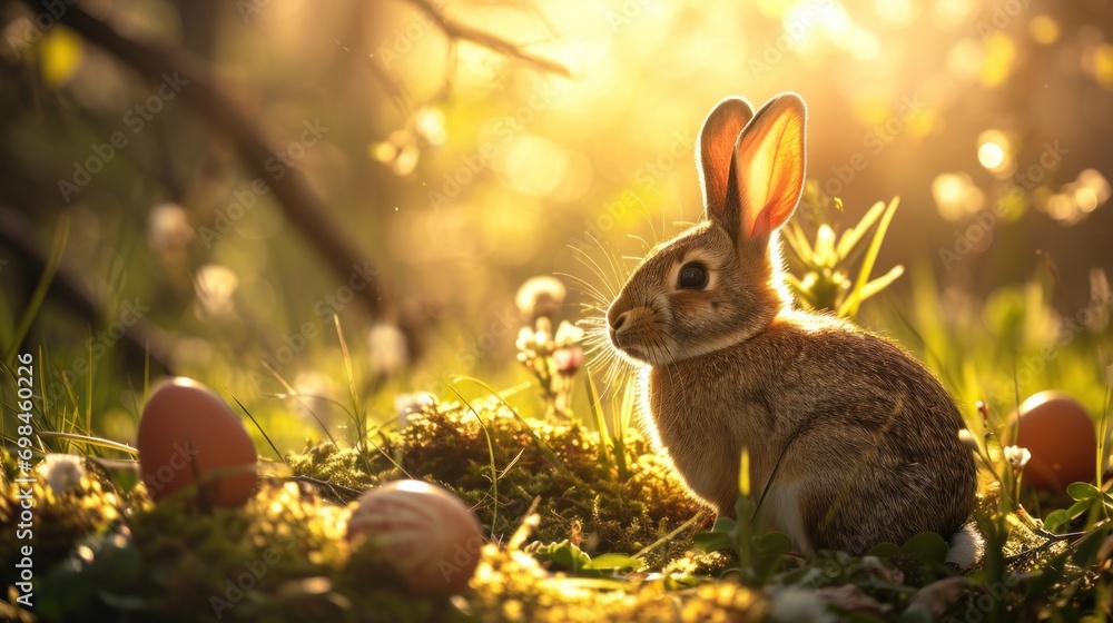 Poster a rabbit sitting in the grass with some eggs in front of it and the sun shining through the trees be