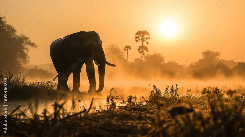 Poster an elephant standing in the middle of a foggy field with palm trees in the background and the sun in