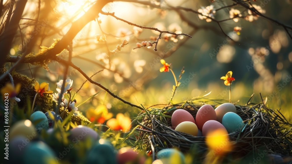 Aufkleber a group of eggs sitting in a nest on top of a grass covered field next to a tree with flowers.