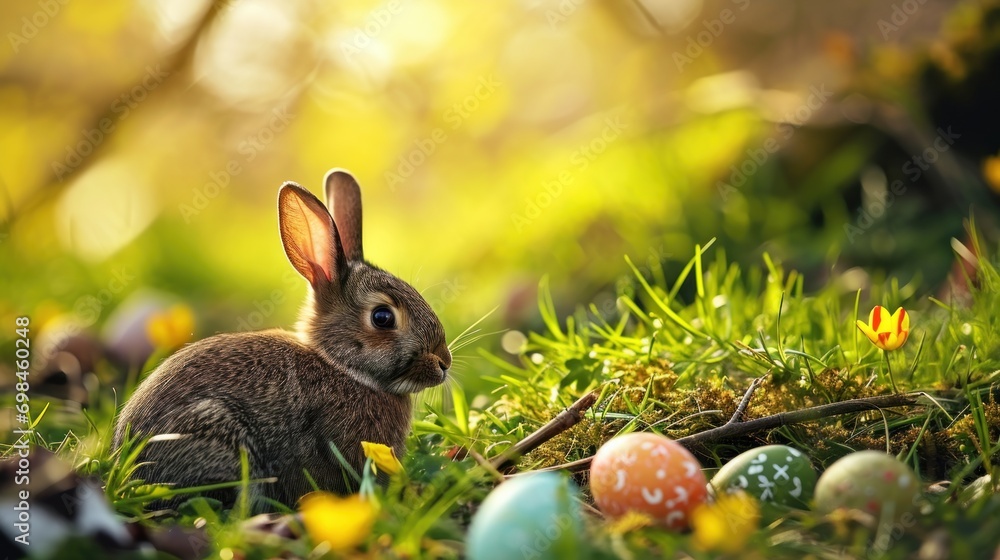 Poster a rabbit sitting in a field of grass with eggs in the grass and a flower in the grass in the foregro