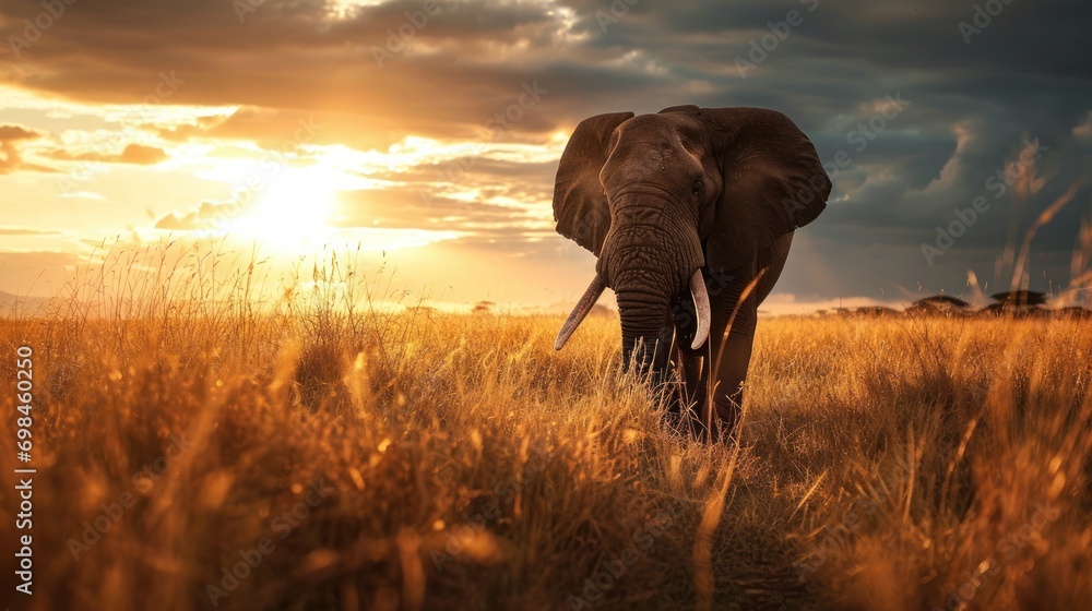 Poster an elephant standing in a field with the sun setting in the background and clouds in the sky over th