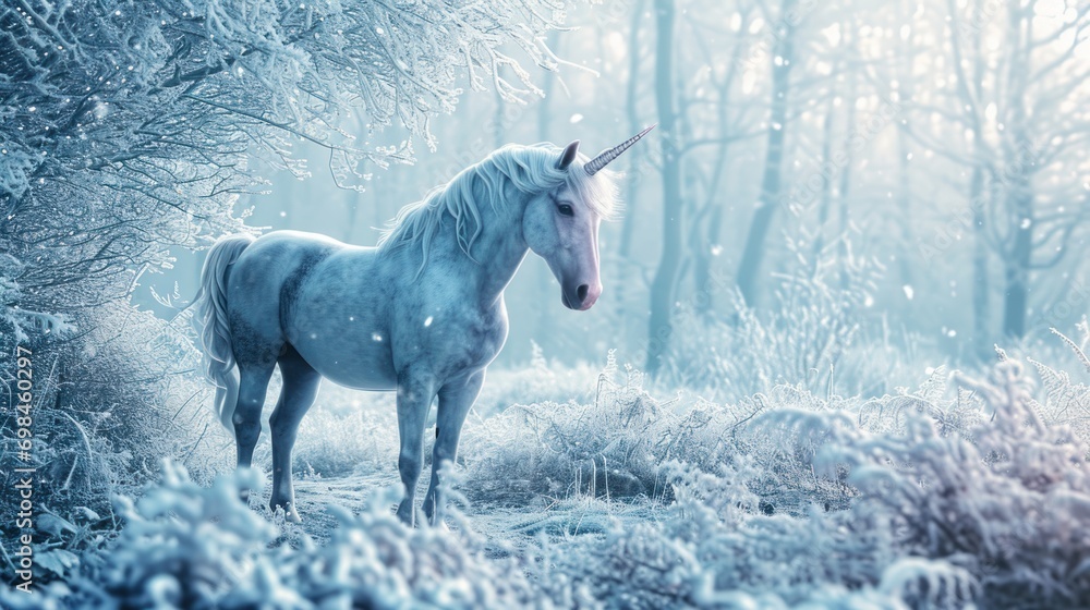 Poster a white unicorn standing in the middle of a forest with snow on it's ground and trees in the backgro
