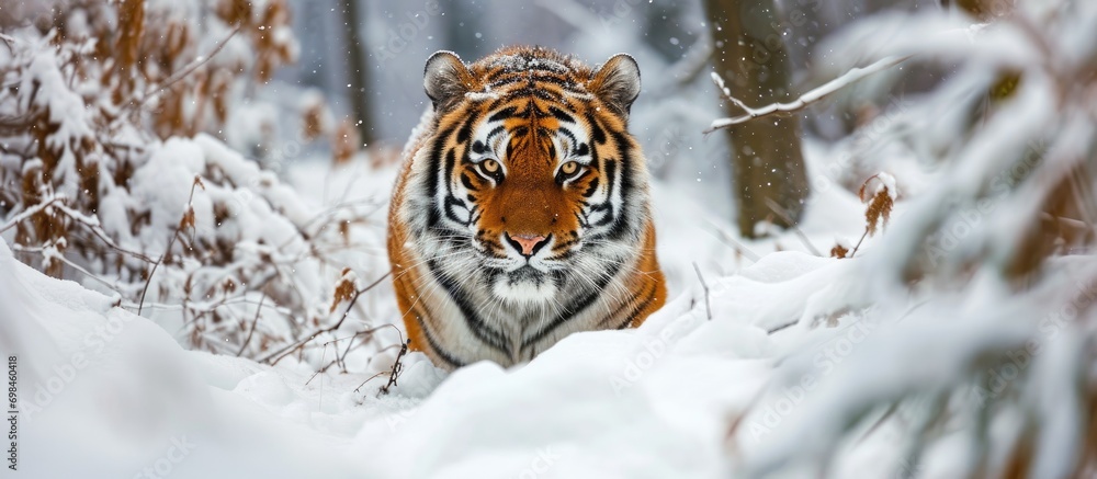 Sticker Female Siberian tiger stalking prey in snowy forest, front view.