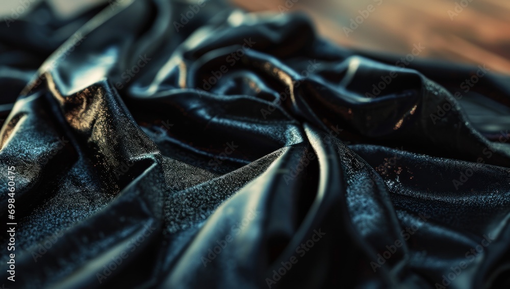 Poster a close up of a black cloth with a wooden table in the backgrouf of the image and a wooden table in 