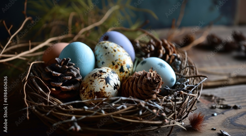 Aufkleber a close up of a bird nest with eggs and pine cones on a wooden table next to a pine cone.