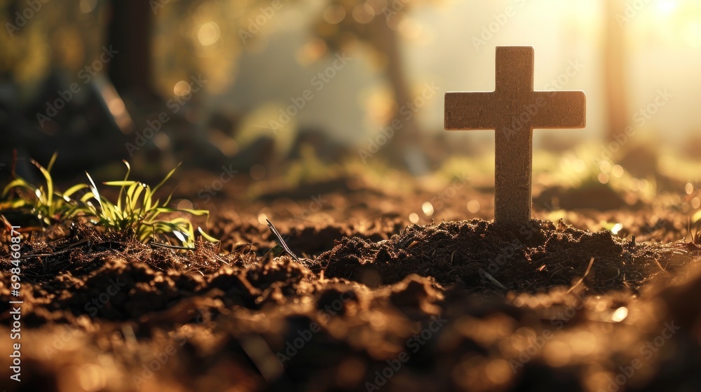 Poster a cross sitting in the middle of a field with grass in the foreground and sunlight shining through t