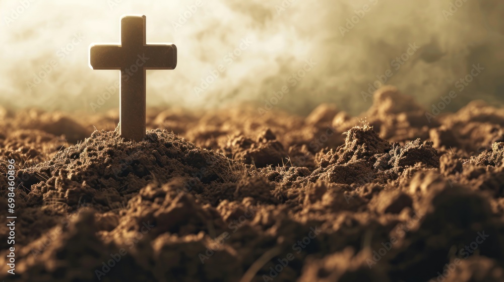 Poster a cross sitting on top of a pile of dirt in the middle of a dirt field with clouds in the background