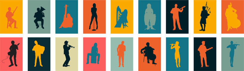 Large group multicolor silhouettes set of musicians playing various instruments vector collection. Musicians performing with various musical instruments silhouettes.