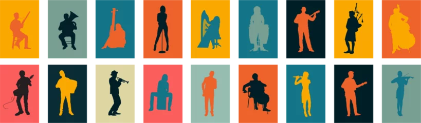 Fotobehang Large group multicolor silhouettes set of musicians playing various instruments vector collection. Musicians performing with various musical instruments silhouettes. © artist404