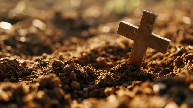  a small wooden cross sitting in the middle of a field of dirt and dirt with the sun shining on it.