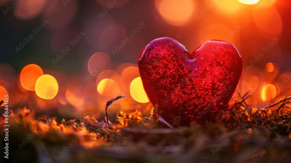 Poster a red heart shaped object sitting on top of a grass covered field with boke of lights in the backgro