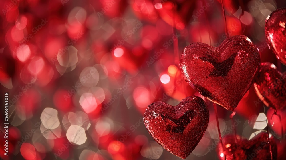 Poster a group of red hearts hanging from a string in front of a blurry background of red and white lights.