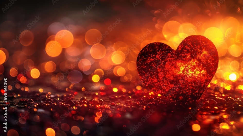 Poster a red heart sitting on top of a table next to a pile of gold and red sparkles and a blurry backgroun