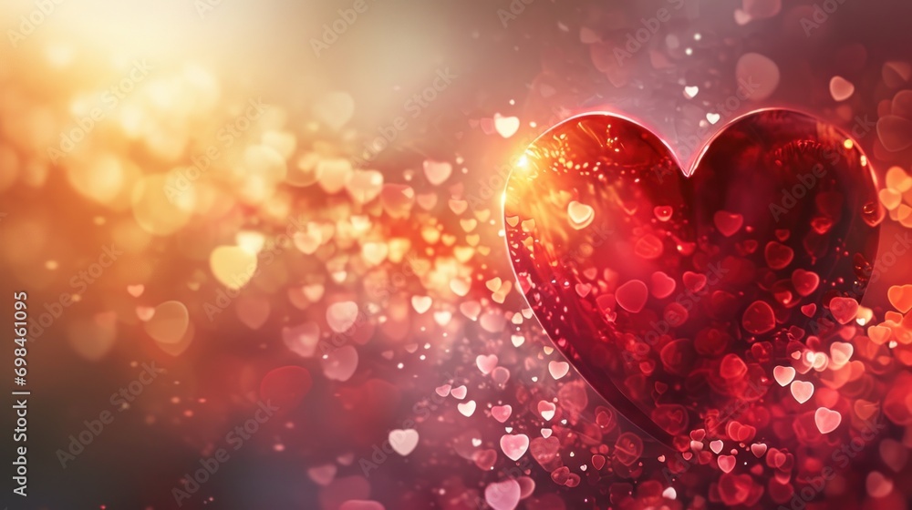 Poster a red heart shaped object in the middle of a blurry image of a boke of lights in the background.