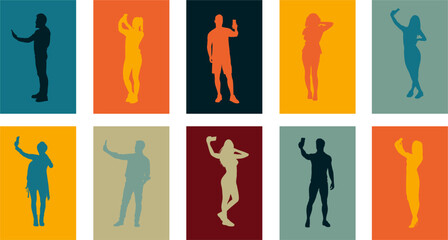 Multicolor silhouette people using phones collection Set of character illustrations with men and women talking and using smartphones while standing and walking. Flat design vector on white background