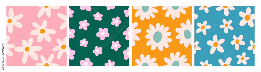 Leinwandbilder groovy daisy patterns set. flower powers, seamless backgrounds. repeating simple floral prints, summ