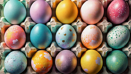 colorful easter eggs in a cardboard egg cup on a white background - Powered by Adobe