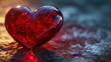  a red heart shaped glass object sitting on top of a wooden table next to a blue and yellow wall with a light shining on it. - obrazy, fototapety, plakaty