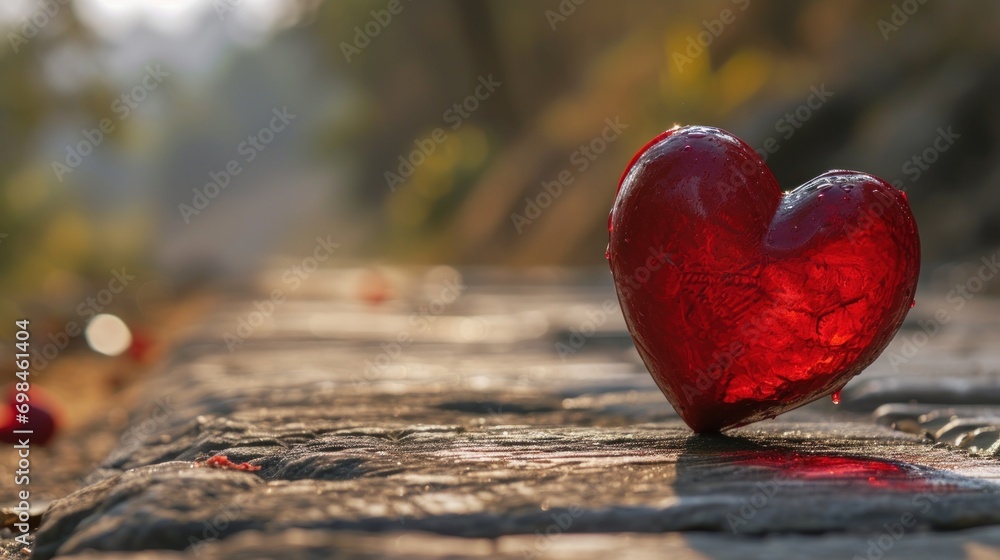 Poster a red heart shaped object sitting on the side of a road next to a leafy tree filled with leaves.