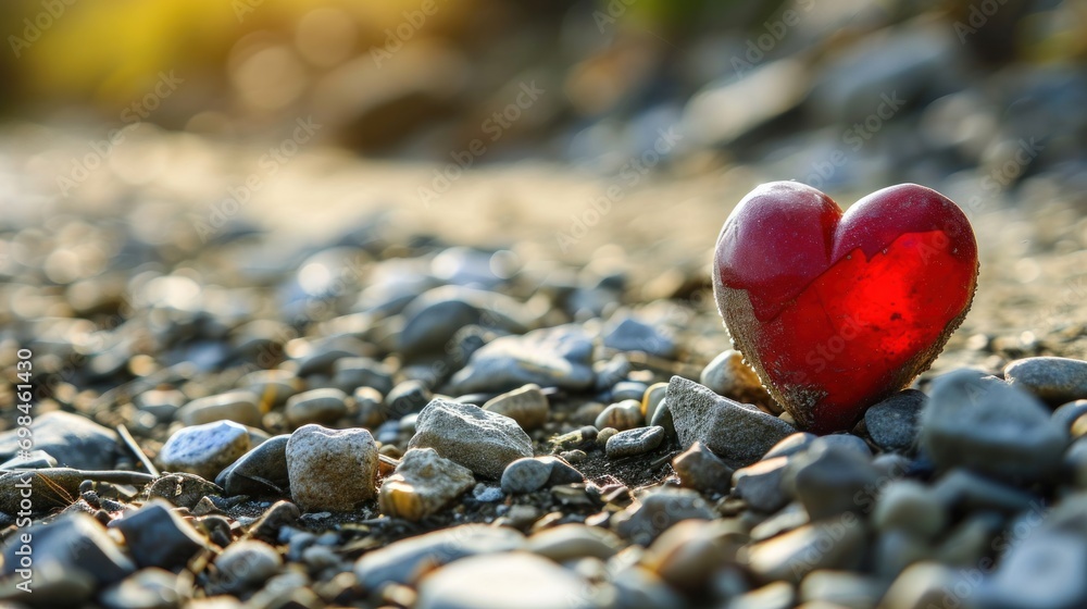 Poster a red heart shaped object sitting on top of a pile of rocks on top of a field of green grass.