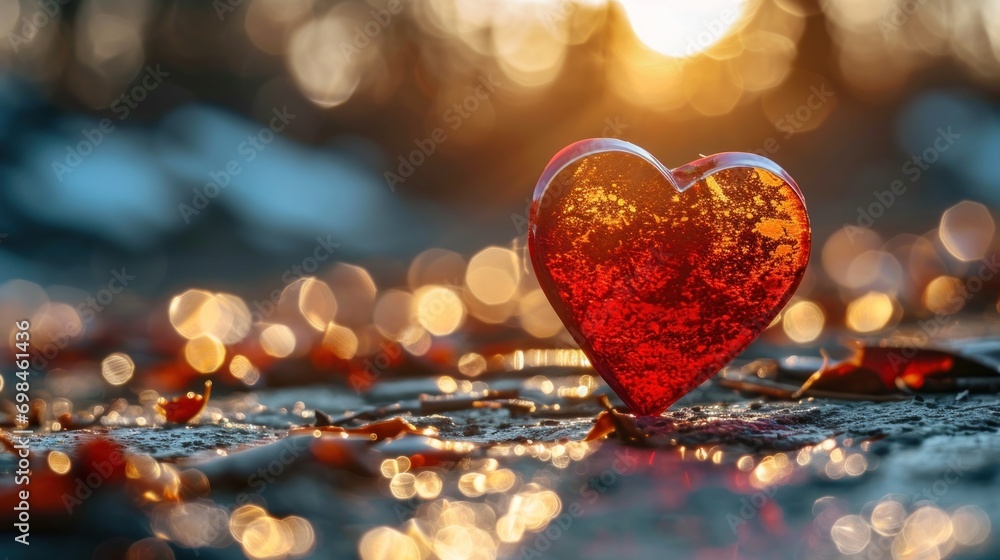 Poster a heart - shaped object sitting on top of a wet ground with a sun shining through the trees in the b