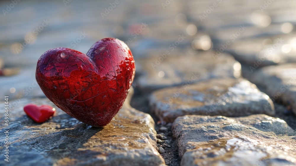 Aufkleber a red heart shaped object sitting on top of a stone wall next to a red heart shaped object on top of