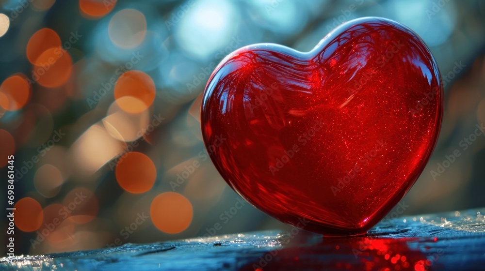 Poster a red heart shaped object sitting on top of a wooden table in front of a blurry background of lights
