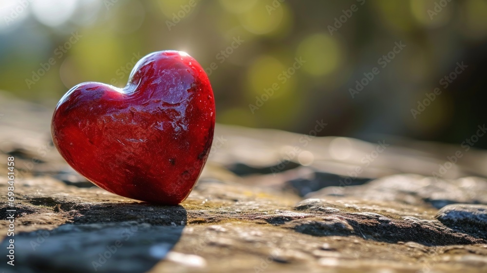 Poster a close up of a heart shaped object on a stone surface with trees in the background and sunlight shi