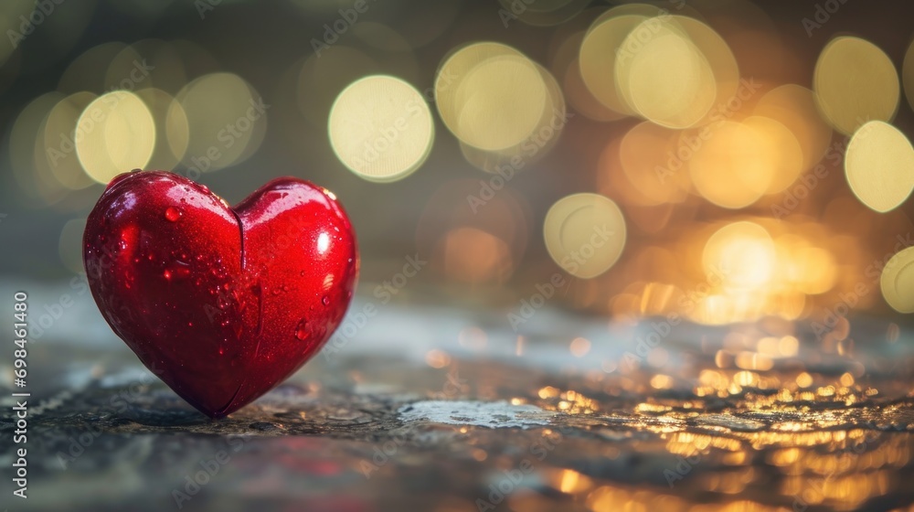 Poster a red heart shaped object sitting on top of a wet ground with a blurry background of lights in the b