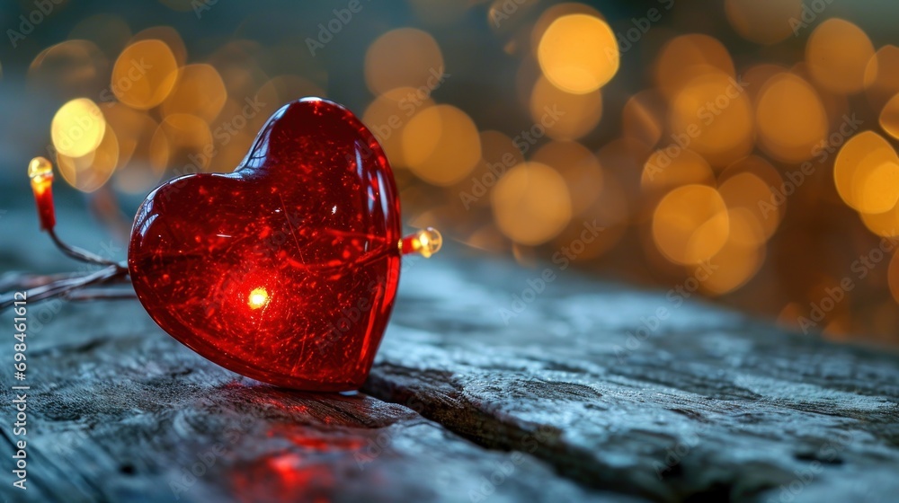 Poster a red heart shaped object sitting on top of a piece of wood with a string of lights in the backgroun