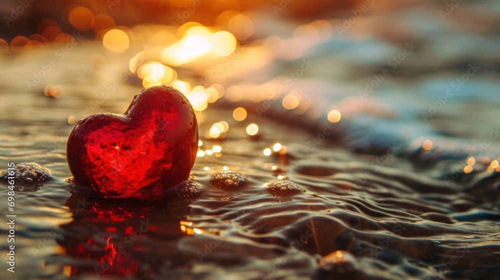 Aufkleber a red heart shaped object floating on top of a body of water with a sun setting in the back ground.