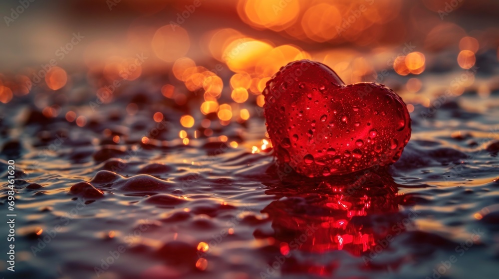 Poster a red heart shaped object floating on top of a body of water with drops of water on top of it.