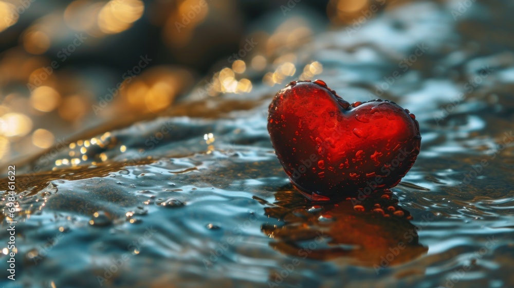 Poster a heart shaped object floating on top of a body of water with drops of water on the bottom of it.