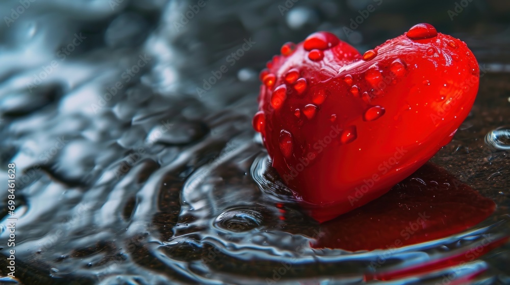Aufkleber a red heart shaped object floating on top of a body of water with drops of water on top of it.