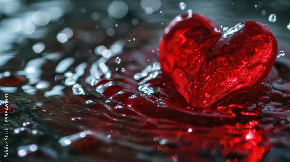 Poster a red heart shaped object floating on top of a body of water with drops of water on top of it.